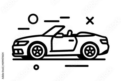 Black and white minimalist line drawing of a modern convertible sports car driving at high speed for automotive and transportation concepts