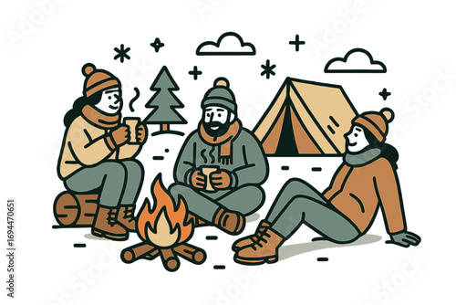 Friends camping in winter sitting around a cozy campfire drinking hot beverages in the snow with a tent in the background