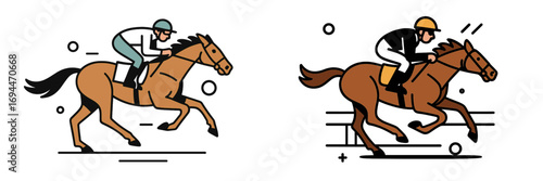 Two jockeys in an equestrian horse race competition, one galloping on a flat track and one jumping an obstacle