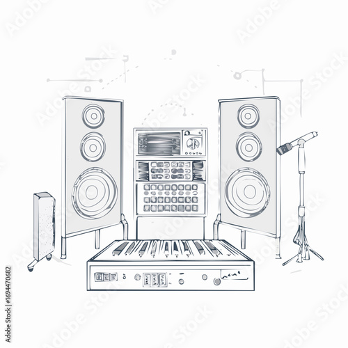 Inspiring music studio setup with keyboard, speakers, and microphone for creative sound production