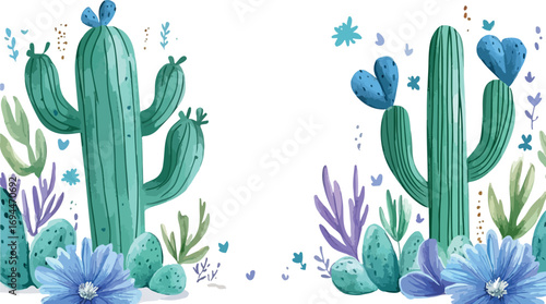 Whimsical watercolor desert scene with vibrant green cacti and delicate blue flowers and purple foliage