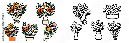 Set of flower bouquet icons in a charming doodle style with color and line art options, featuring various floral arrangements in vases, pots, and wrapped paper