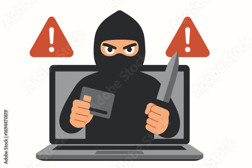 Cybercriminal hacker holding credit card and knife emerging from laptop screen with red warning signs symbolizing online fraud and cybercrime in flat vector illustration