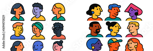 Collection of diverse and inclusive character portraits showing different ethnicities, ages, and styles for social media avatars or user profile icons