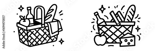 Black and white line art icon set of a picnic basket for outdoor dining with food and drink like wine, bread, cheese, and an apple