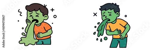 Sick boy character vomiting from food poisoning or stomach bug, cartoon icon of a person with nausea and illness