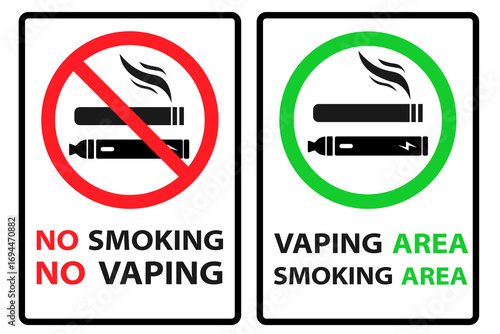 Vector image of a no smoking or no vaping sign. No smoking, prohibition symbols. No smoking zone, printable sign, red and green colors. Element for your design
