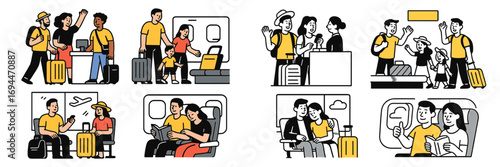 Set of scenes with diverse people traveling by airplane, including families and couples at the airport check-in, boarding, and sitting on the plane during a flight