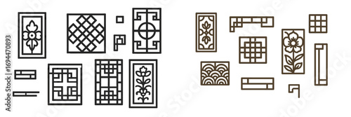 Collection of traditional Asian window lattice patterns with geometric and floral ornaments for decoration and design