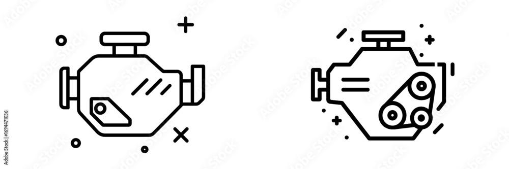 Car engine line icon set for automotive service and repair, featuring a detailed motor block and timing belt system for vehicle maintenance Car engine line icon set for automotive service and repair, featuring a detailed motor block and timing belt system for vehicle maintenance