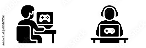 Silhouette icons of a person playing video games on a computer and laptop with headphones and a gaming controller
