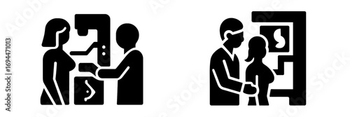 Mammography and breast examination glyph icons set for medical diagnostics and cancer screening with doctor and patient