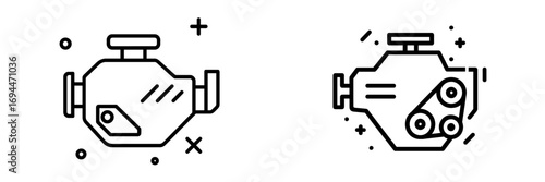 Car engine line icon set for automotive service and repair, featuring a detailed motor block and timing belt system for vehicle maintenance