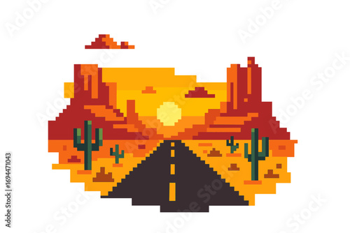 Pixel art desert highway scene with a road leading to the sunset between red rock canyons and saguaro cacti in a retro 8-bit video game style