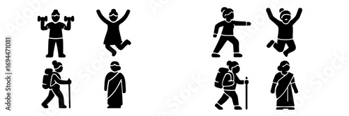 Set of black glyph icons depicting women in various activities including fitness, hiking, and traditional Indian attire