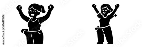 Woman and girl celebrating successful weight loss journey with oversized pants solid black glyph icon set