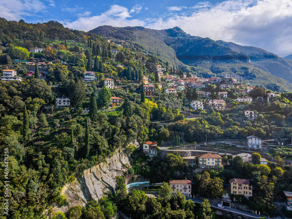 Obraz premium Aerial landscape of Varenna villa Lago di Como Lake in Italian Alps fall in Lombardy Italy