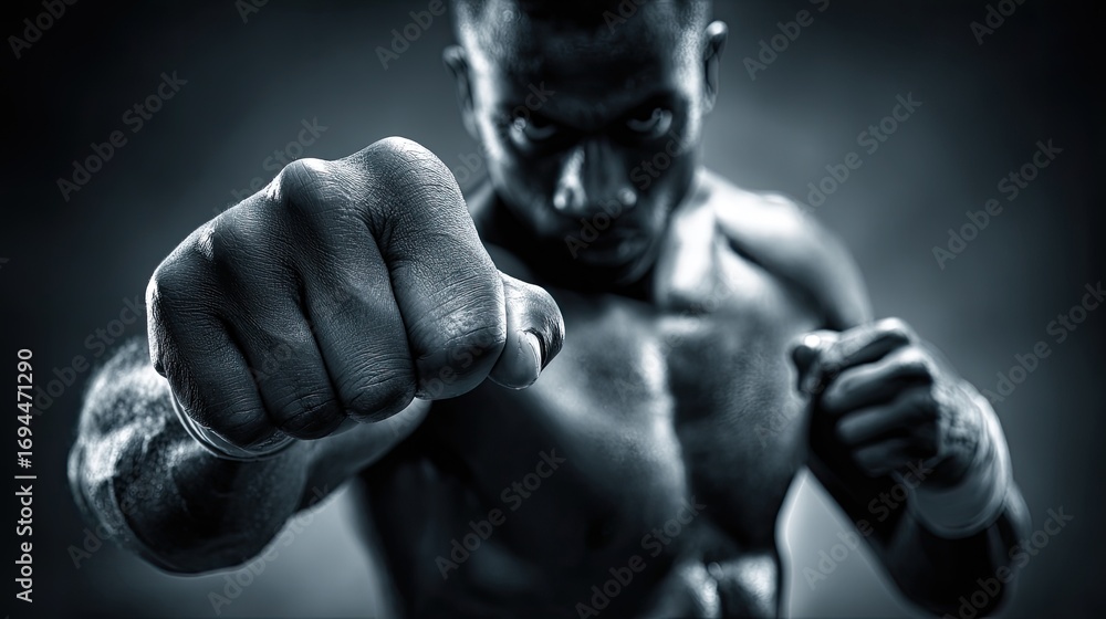 Fototapeta premium A muscular man in a black and white photo, with his fists clenched and his eyes focused, ready to fight.