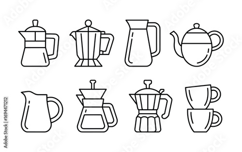 Collection Of Coffee Making And Serving Utensil Icons In Outline Style moka pot