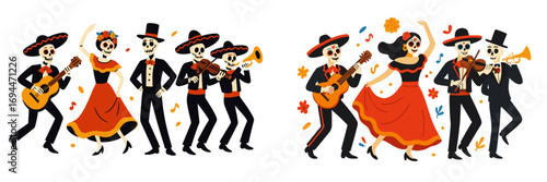 Joyful Day of the Dead festival with mariachi skeletons playing music and festive dancers in traditional Mexican costumes