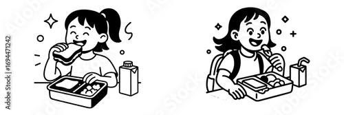Cheerful young girl with a ponytail happily eating a nutritious school lunch from a bento box with a sandwich and drink