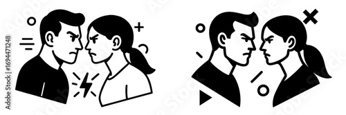 Black and white minimalist icons of a man and woman in conflict, showing relationship disagreement, anger, and emotional tension between a couple