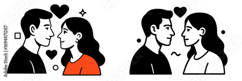 Simple black and white icon set of a romantic couple in love looking at each other with hearts and abstract shapes