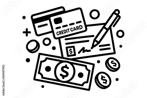 Black and white line art icon set of various payment methods including credit card, cash, and a bank check with a pen
