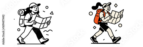 Woman hiker with a backpack and map walking on a trail for adventure travel and exploration, isolated character design set in color and monochrome
