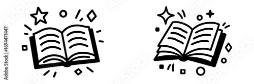 Magic book icon set in a hand-drawn doodle style for education and storytelling concepts on a white background