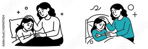 Mother comforting her sad daughter in bed, showing parental care and support for a child with emotional distress
