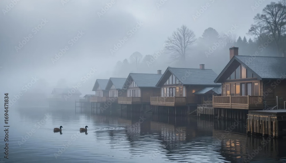 Fototapeta premium Wooden cabins on stilts along a misty lake, ducks swimming nearby.