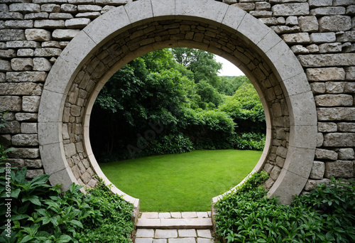 Stone Wall with Circular Opening and Lush Greenery