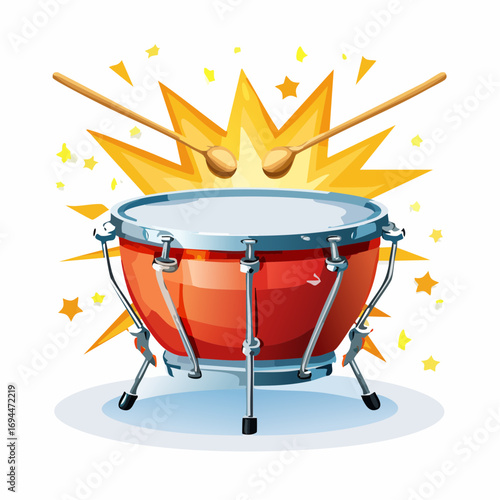 Dynamic red drum with sticks poised for a powerful beat, surrounded by vibrant starbursts and celebratory confetti