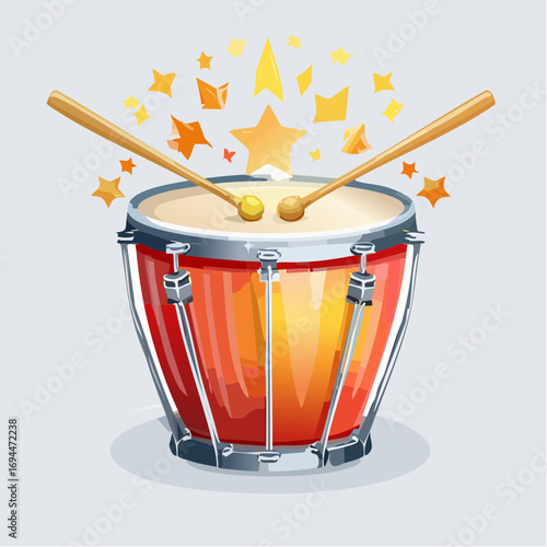 Vibrant drum with sticks and celebratory stars, perfect for music, performance, and festive events