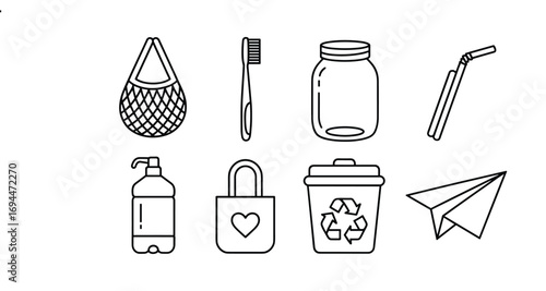 Eco-friendly and sustainable living line art icons for a green lifestyle Keywords: eco, friendly, sustainable, green, lifestyle