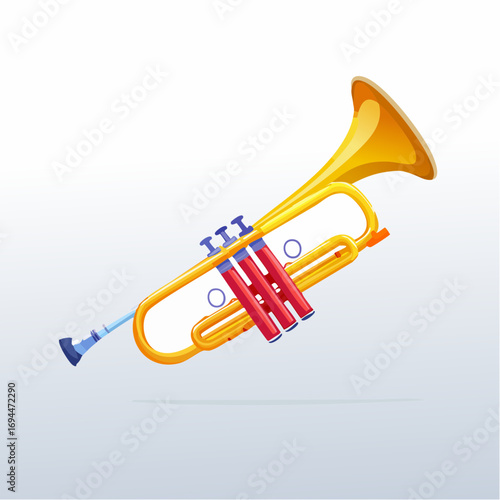 Vibrant golden trumpet with red valves and blue accents, perfect for music themes and jazz celebrations