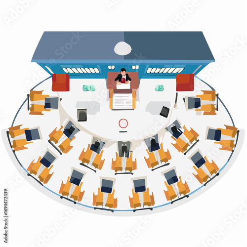 Dynamic business meeting with speaker addressing audience in modern circular conference room