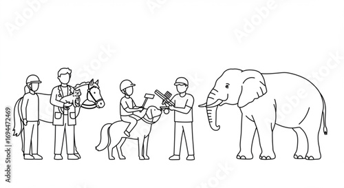 Line drawing of people with animals including horses cat dog and elephant in a simple composition vreated with genrated ai
