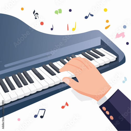 Hand skillfully plays piano keys with colorful musical notes floating around for a vibrant, creative melody