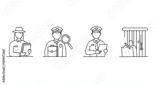 Line art illustration showing various law enforcement roles and a prisoner in a jail cell scene vreated with genrated ai