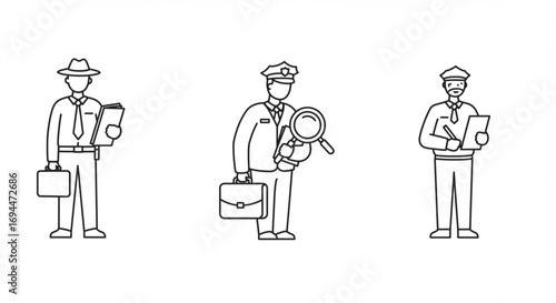 Three line art illustrations showing different types of law enforcement officers in various poses and attire vreated with genrated ai