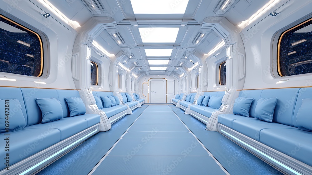 Fototapeta premium A futuristic spaceship interior with blue seats and white walls.
