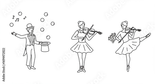 Clown juggling bubbles with violinists in ballet poses performing music in a whimsical black and white scene vreated with genrated ai