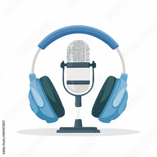 Professional podcast setup with vintage microphone and modern headphones for broadcast and audio creation