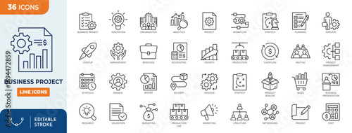 Business project icon set. Cotaining Business, planning, project, startup, marketing, strategy, succes, accounting, and more. Editable stroke. Vector illustration