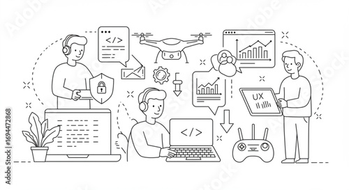 Illustration of developers working with laptops drone graphs and ux design elements in a modern workspace vreated with genrated ai