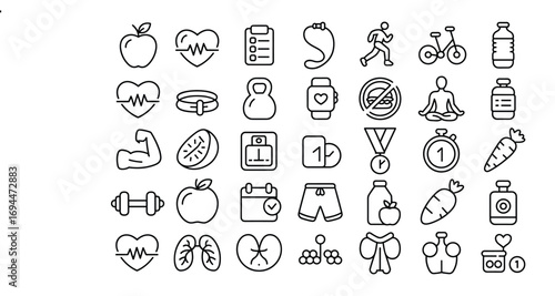 Health and Fitness Icons in Outline Style Keywords: health, fitness, icons, outline, style, apple, heart, pulse