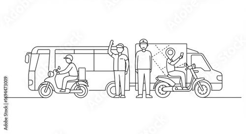 Line drawing showing bus, delivery van, and people on scooters in black and white outline style art vreated with genrated ai
