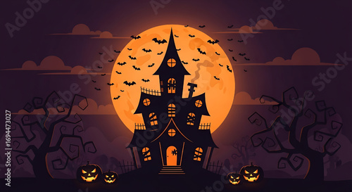Spooky Halloween Haunted House Silhouette with Full Moon and Bats at Night